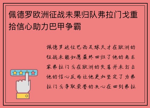 佩德罗欧洲征战未果归队弗拉门戈重拾信心助力巴甲争霸