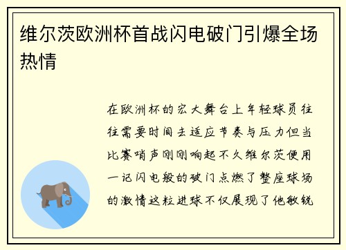 维尔茨欧洲杯首战闪电破门引爆全场热情