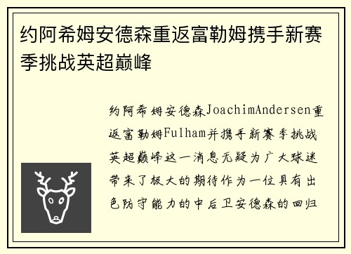 约阿希姆安德森重返富勒姆携手新赛季挑战英超巅峰