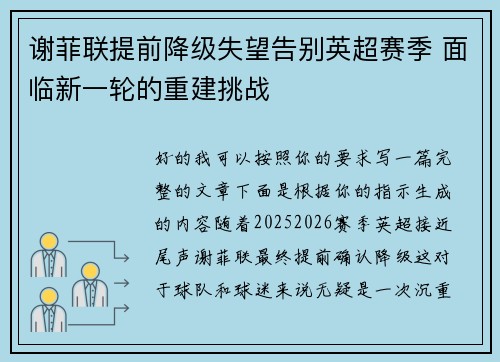 谢菲联提前降级失望告别英超赛季 面临新一轮的重建挑战
